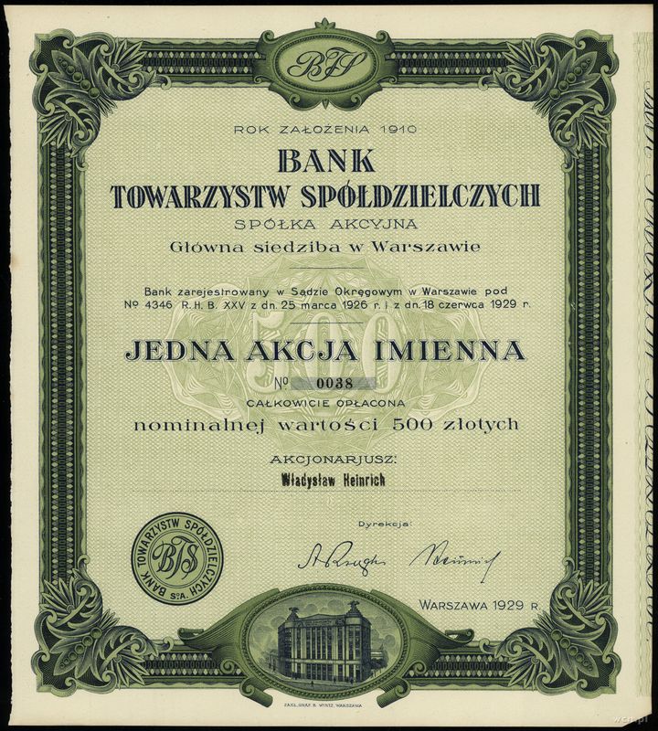 Polska, akcja imienna na 500 złotych, 1929