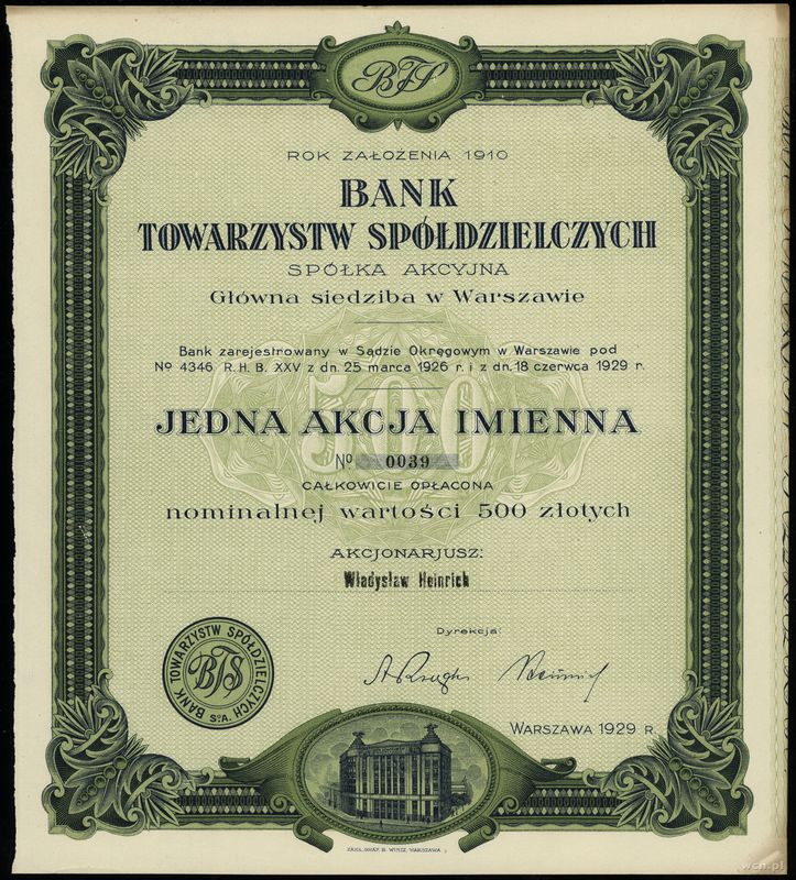 Polska, akcja imienna na 500 złotych, 1929