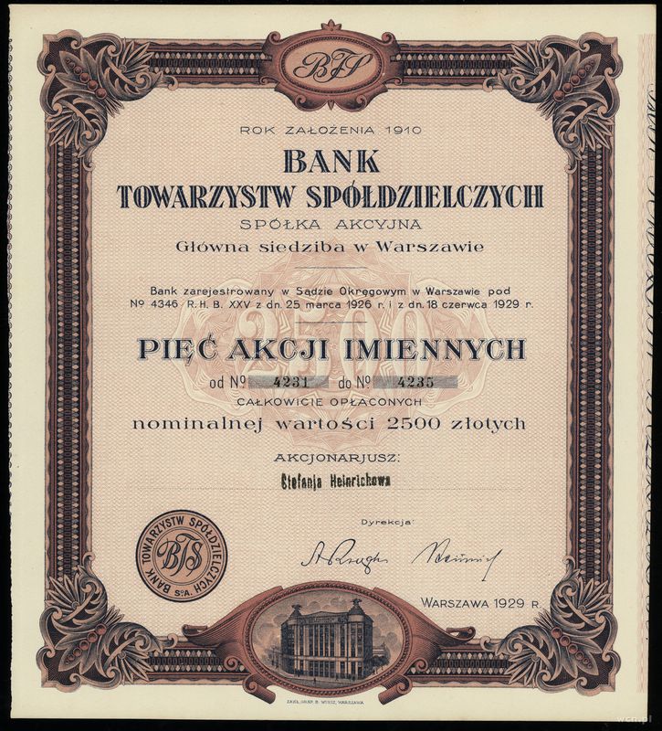 Polska, 5 akcji po 500 złotych = 2.500 złotych, 1929