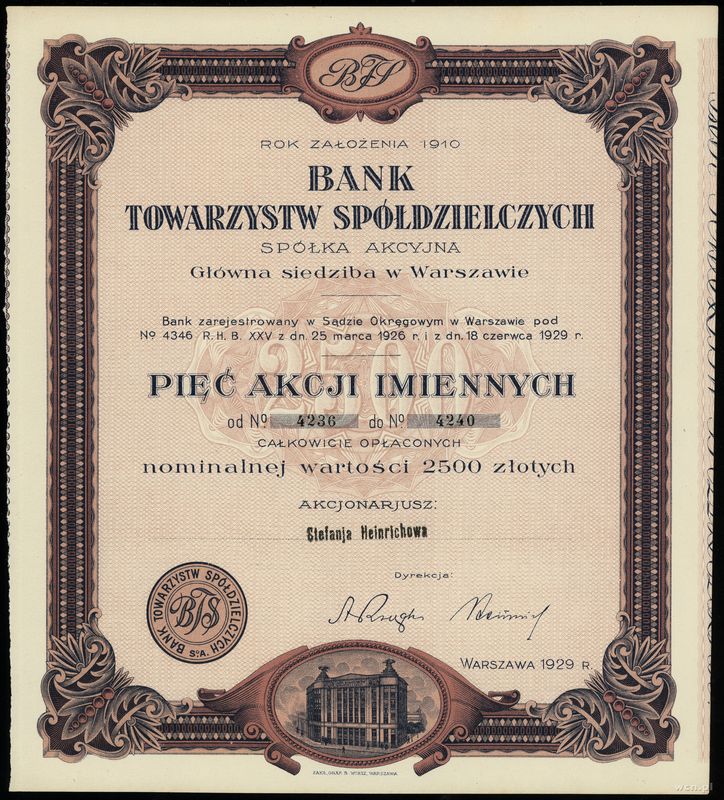 Polska, 5 akcji po 500 złotych = 2.500 złotych, 1929