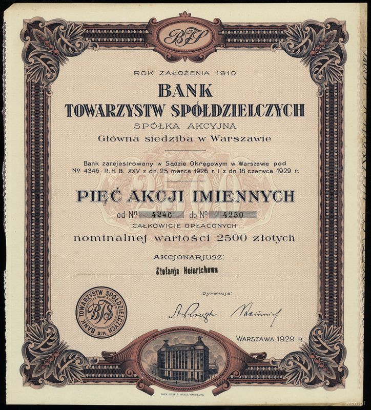 Polska, 5 akcji po 500 złotych = 2.500 złotych, 1929