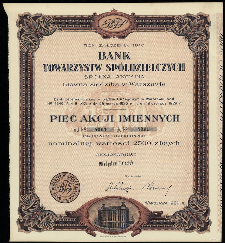 Polska, 5 akcji po 500 złotych = 2.500 złotych, 1929