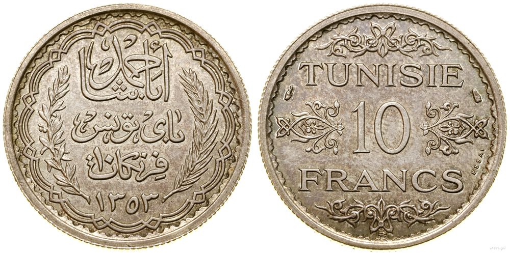 Tunezja, 10 franków, AH 1353 (1935)
