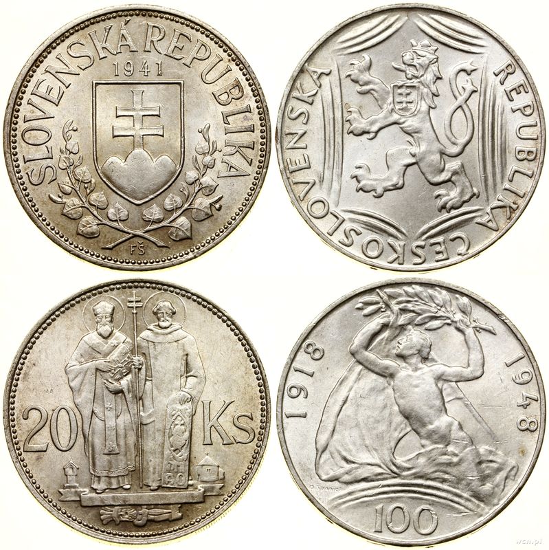 Czechosłowacja, zestaw: 20 koron i 100 koron, 1941–1948