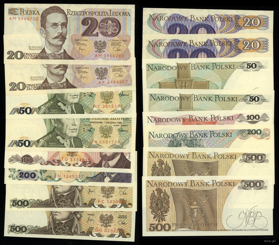 Polska, zestaw 8 banknotów, 1982–1988