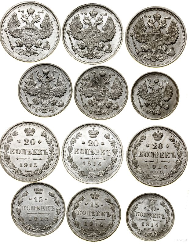 Rosja, zestaw 6 monet, 1913–1915