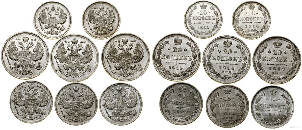 Rosja, zestaw 8 monet, 1909–1915