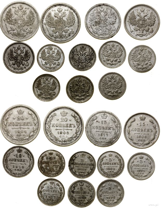 Rosja, zestaw 12 monet, 1847–1912