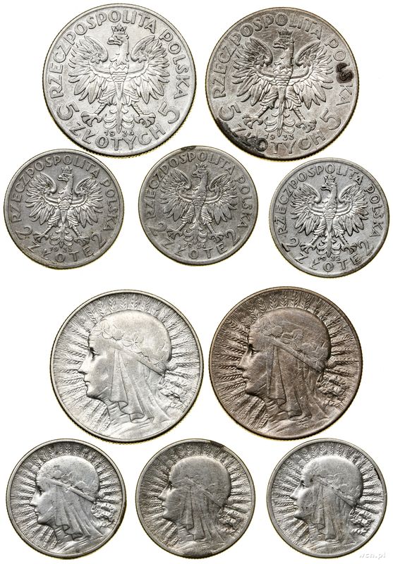 Polska, zestaw 5 monet, 1932–1934