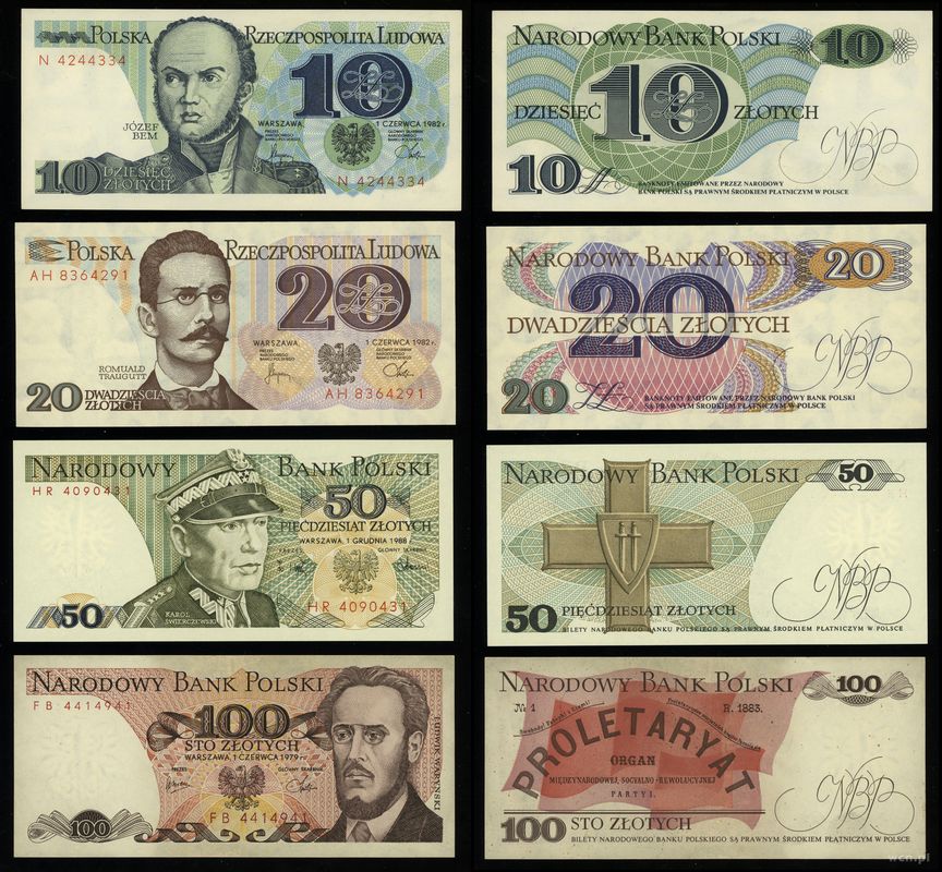 Polska, zestaw 8 banknotów, 1979–1988