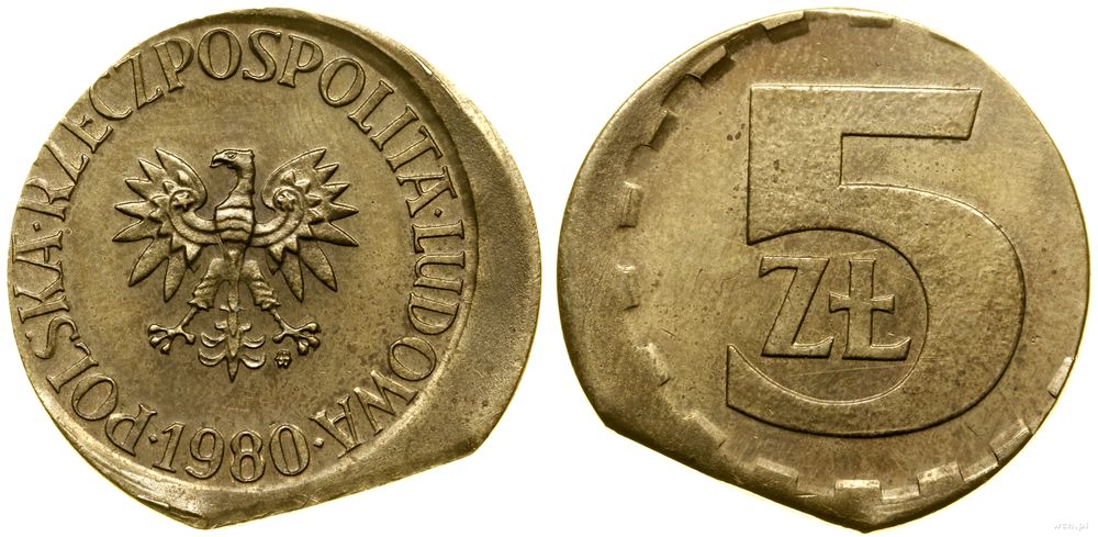 Polska, destrukt monety o nominale 5 złotych, 1980