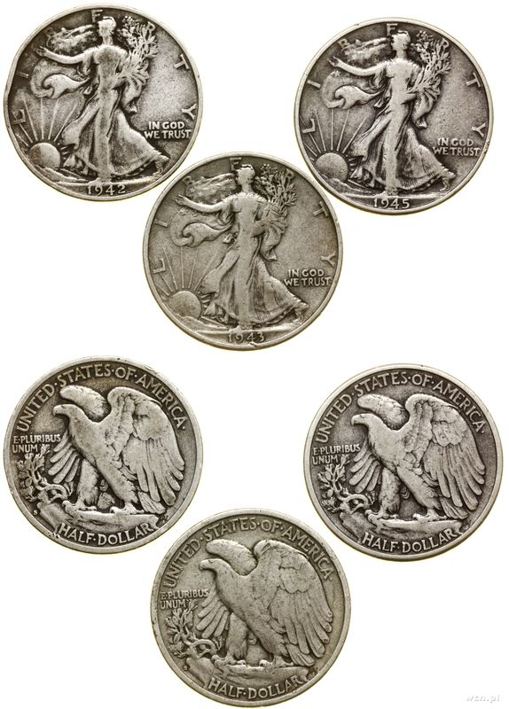 Stany Zjednoczone Ameryki (USA), zestaw 3 x 1/2 dolara, 1942 S, 1943 S (San Francisco), 1945 (Fi