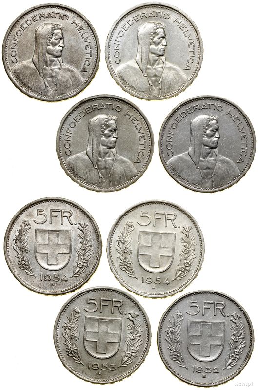 Szwajcaria, zestaw 4 x 5 franków, 1932, 1953, 2 x 1954