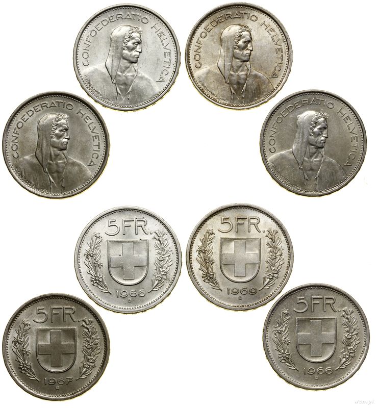 Szwajcaria, zestaw 4 x 5 franków, 2 x 1966, 1967, 1969