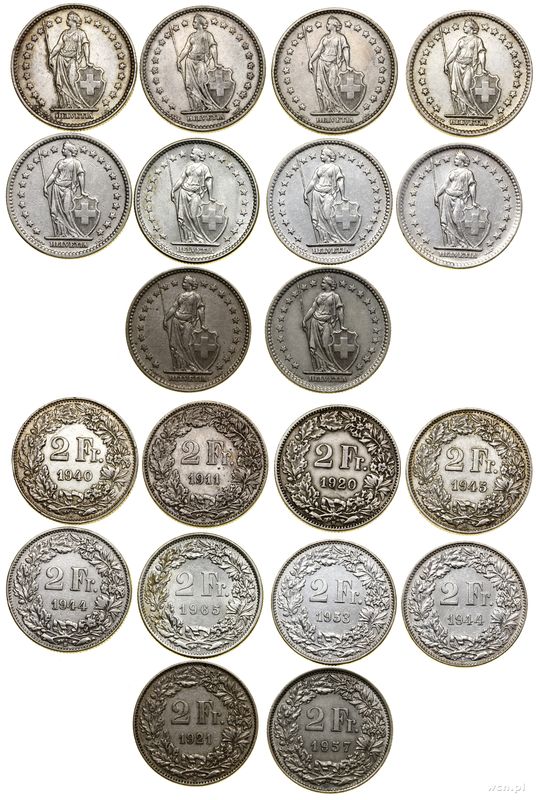 Szwajcaria, zestaw 10 x 2 franki, 1911, 1920, 1921, 1940, 2 x 1944, 1945,