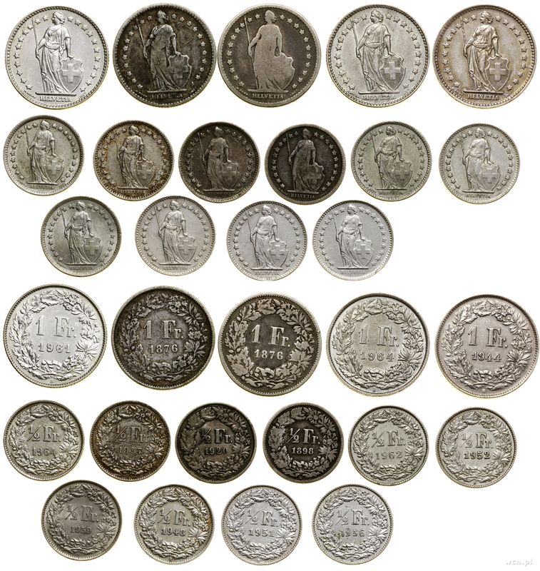 Szwajcaria, 20 x 1 frank, 10 x 1/2 franka, różne roczniki