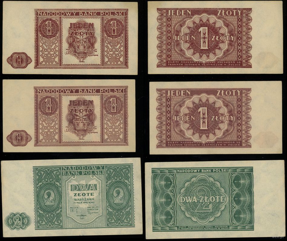 Polska, zestaw: 2 x 1 złoty i 2 złote, 15.05.1946