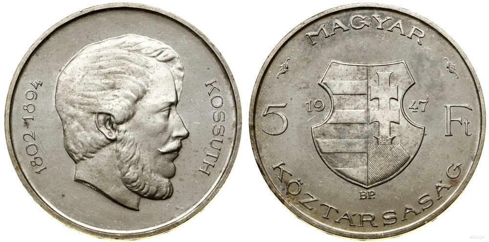 Węgry, 5 forintów, 1947 BP (późniejsze bicie)
