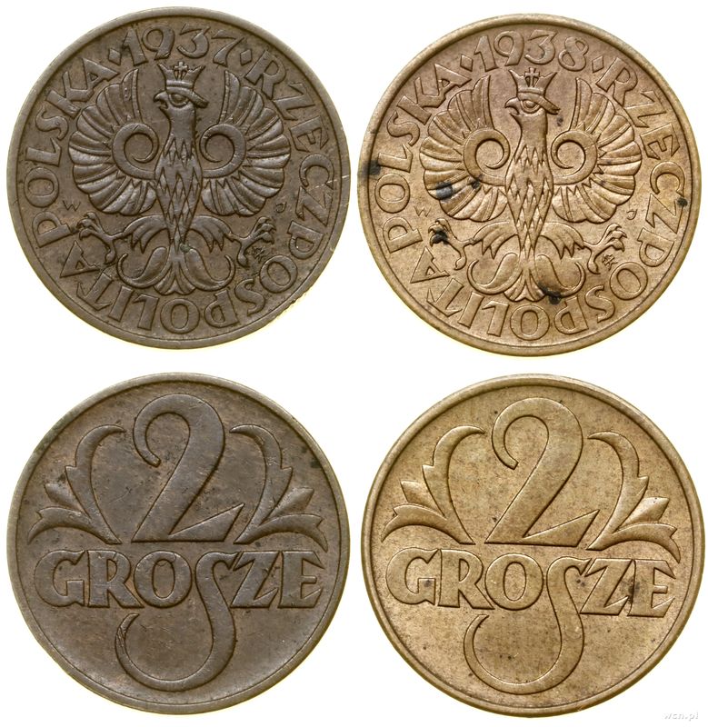 Polska, zestaw 2 x 2 grosze, 1937, 1938