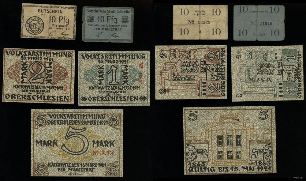 Śląsk, zestaw 5 bonów, 1916–1921