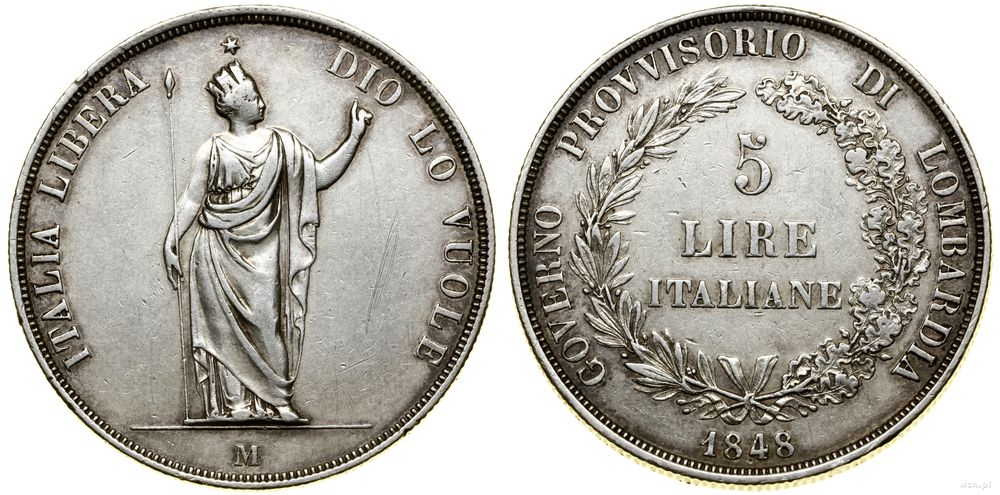 Włochy, 5 lirów (scudo), 1848 M