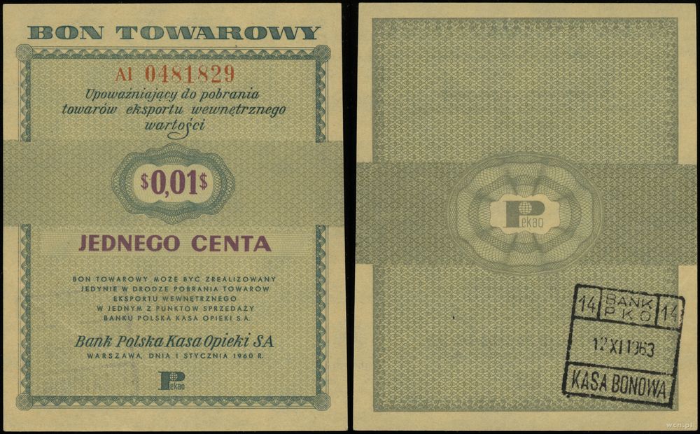 Polska, bon na 1 cent, 1.01.1960