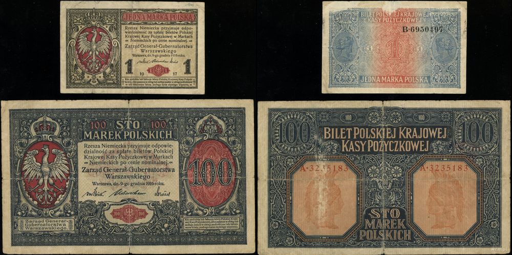 Polska, zestaw: 1 marka i 100 marek polskich, 9.12.1916