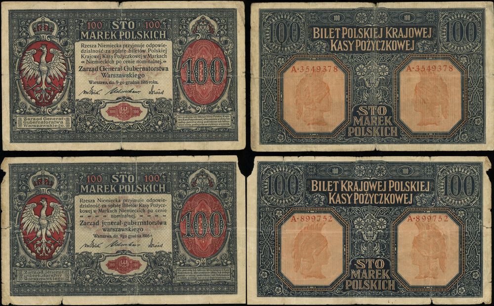 Polska, zestaw: 2 x 100 marek polskich, 9.12.1916