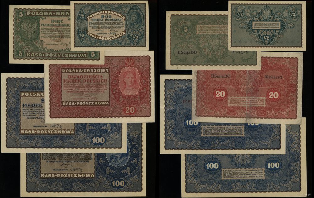 Polska, zestaw 5 banknotów, 1919–1920