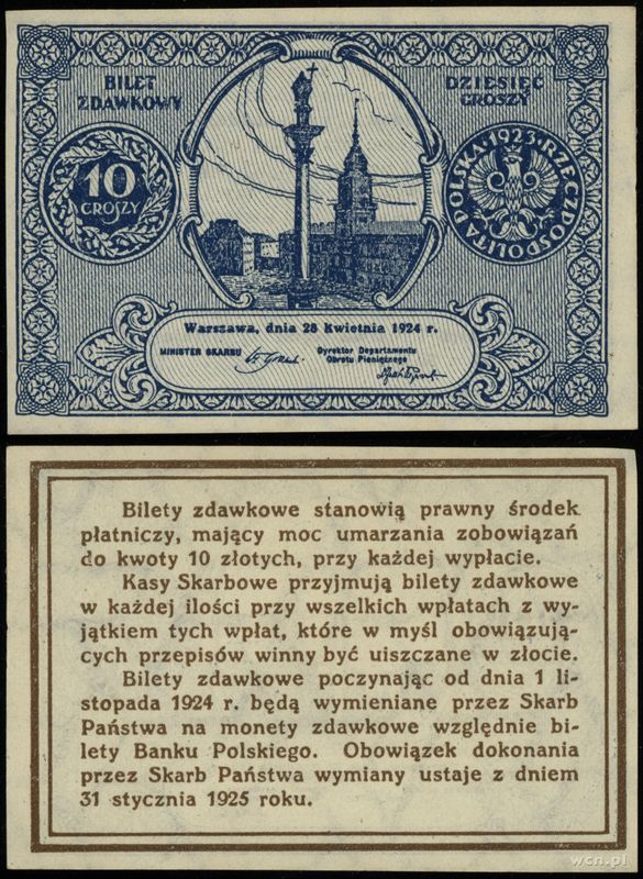 Polska, bilet zdawkowy – 10 groszy, 28.04.1924