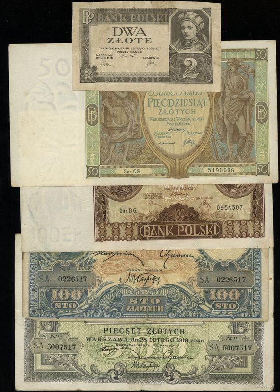 Polska, zestaw 5 banknotów, 1919–1936