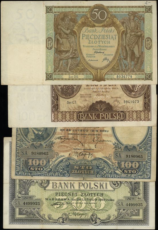 Polska, zestaw 4 banknotów, 1919–1934