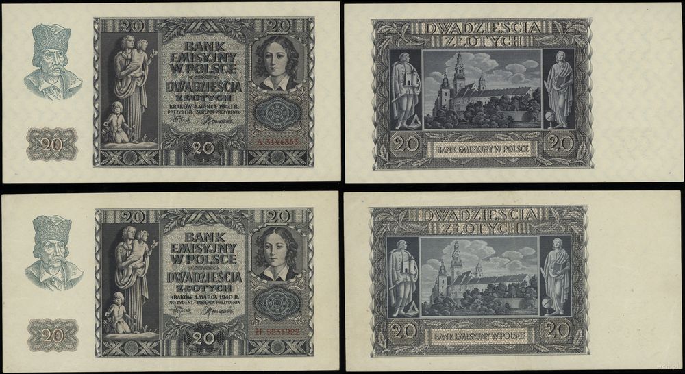 Polska, zestaw: 2 x 20 złotych, 1.03.1940
