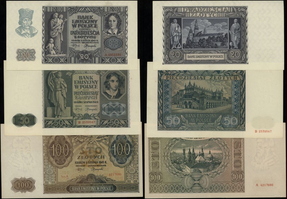 Polska, zestaw 3 banknotów, 1940–1941