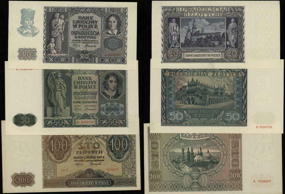 Polska, zestaw 3 banknotów, 1940–1941