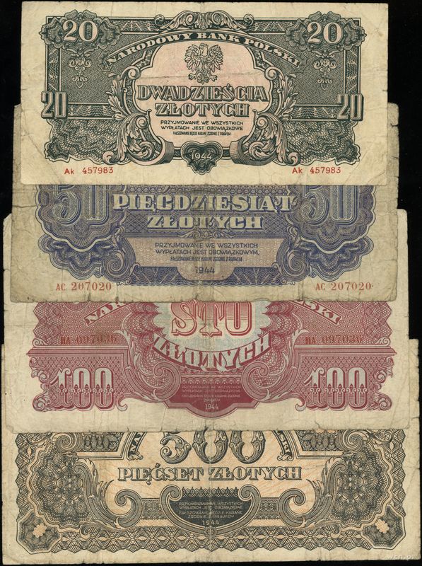 Polska, zestaw 4 banknotów, 1944