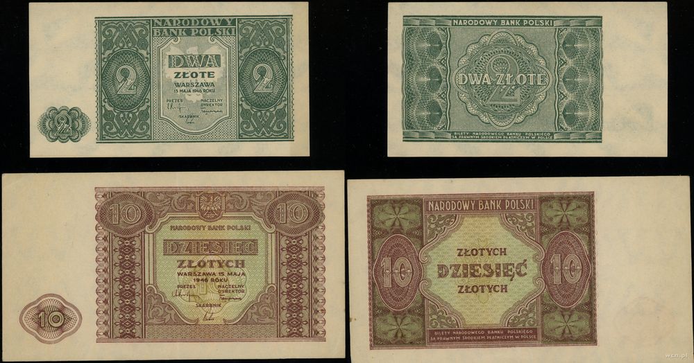 Polska, zestaw: 2 złote (I/I-) i 10 złotych (II/II-), 15.05.1946