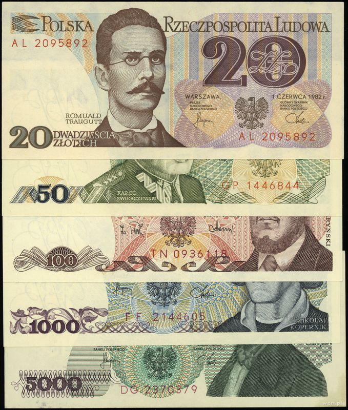Polska, zestaw 5 banknotów, 1982–1988
