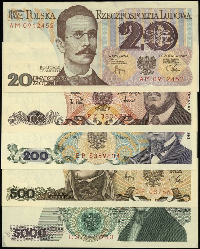 Polska, zestaw 5 banknotów, 1982–1988