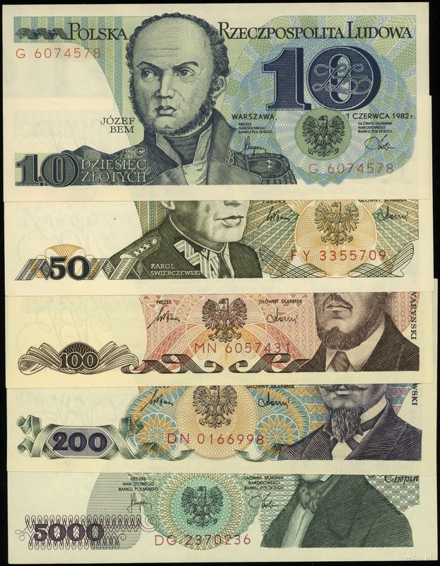 Polska, zestaw 5 banknotów, 1982–1986