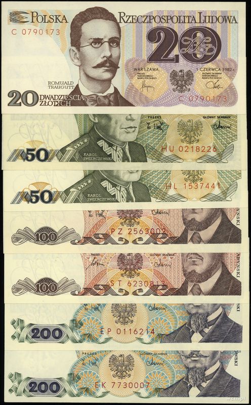 Polska, zestaw 7 banknotów, 1982–1988