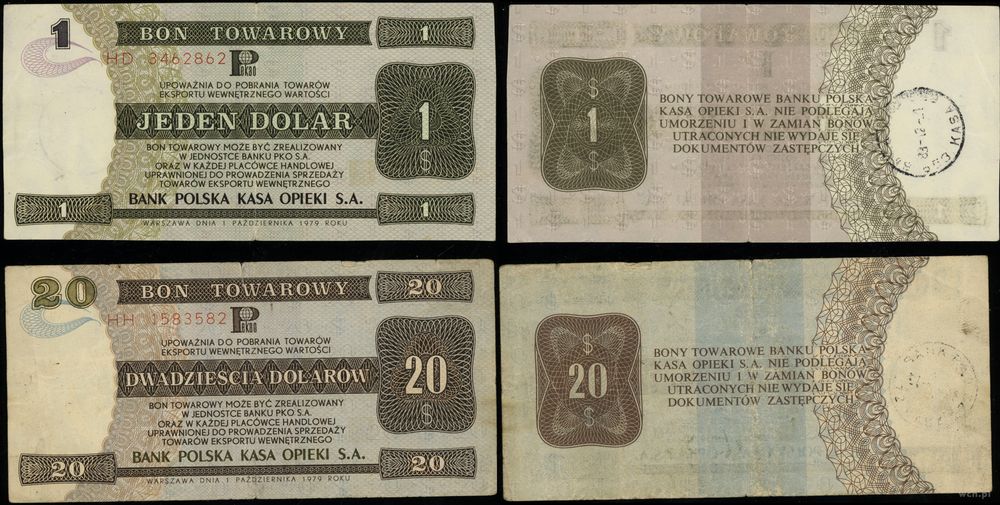 Polska, zestaw: 1 i 20 dolarów, 1.10.1979