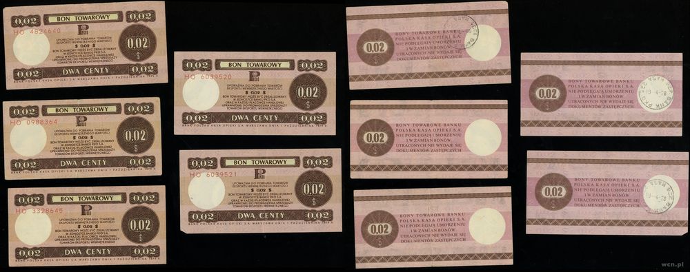 Polska, zestaw 5 bonów o nominale 2 centy, 1.10.1979