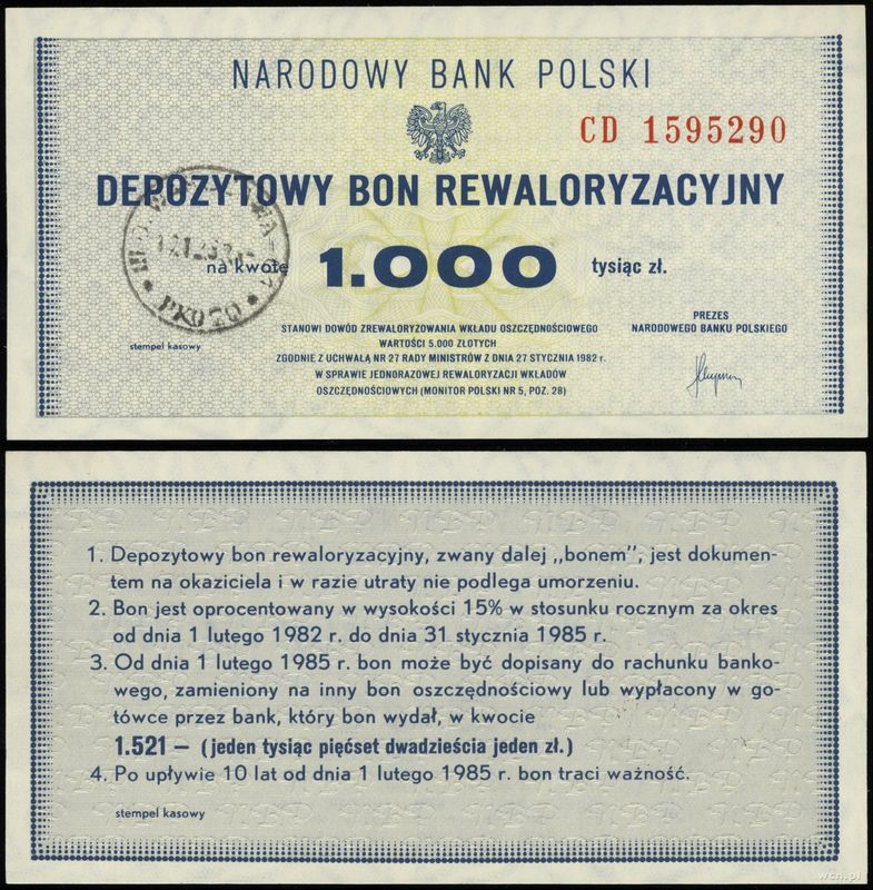 Polska, depozytowy bon rewaloryzacyjny na 1.000 złotych, 1982