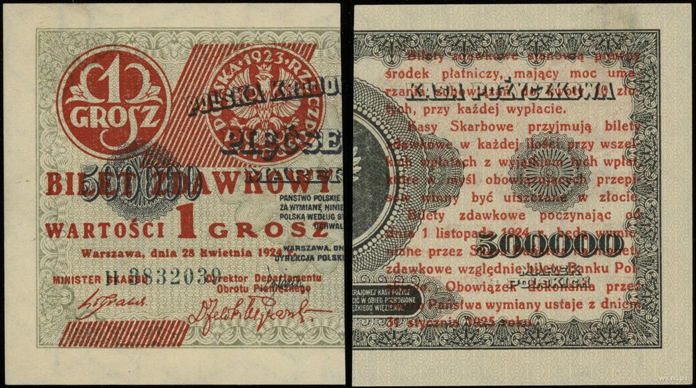 Polska, bilet zdawkowy – 1 grosz, 28.04.1924