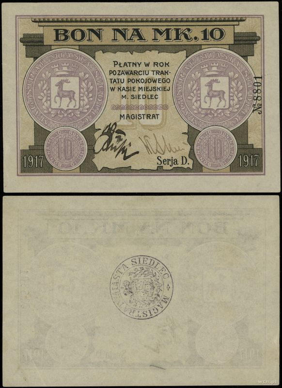 dawny zabór rosyjski, bon na 10 marek, 1917