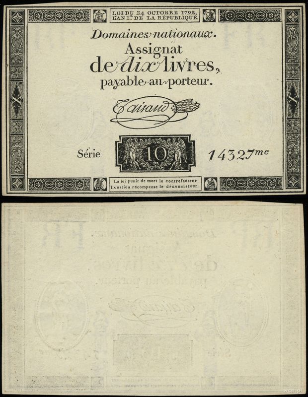 Francja, asygnata na 10 liwrów, 24.10.1792