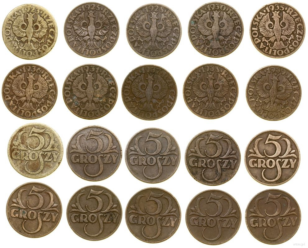 Polska, zestaw: 10 x 5 groszy, 1923–1939