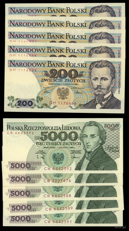 Polska, zestaw 10 banknotów, 1986–1988