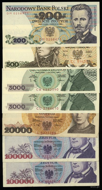 Polska, zestaw 7 banknotów, 1982–1993